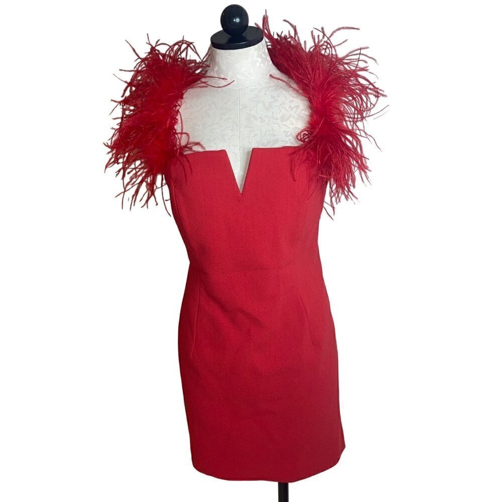 Rebecca Vallance Womens Dress Size 12 Red Scarlett Feather Trim Mini V Neck
